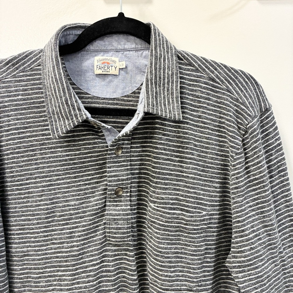 Faherty Long Sleeve Heather Striped Pocket Polo Shirt Gray White Mens Large
